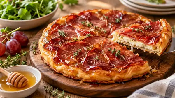 This delicious upside-down tart with crispy ham and fresh cheese will elevate your cozy September aperitifs