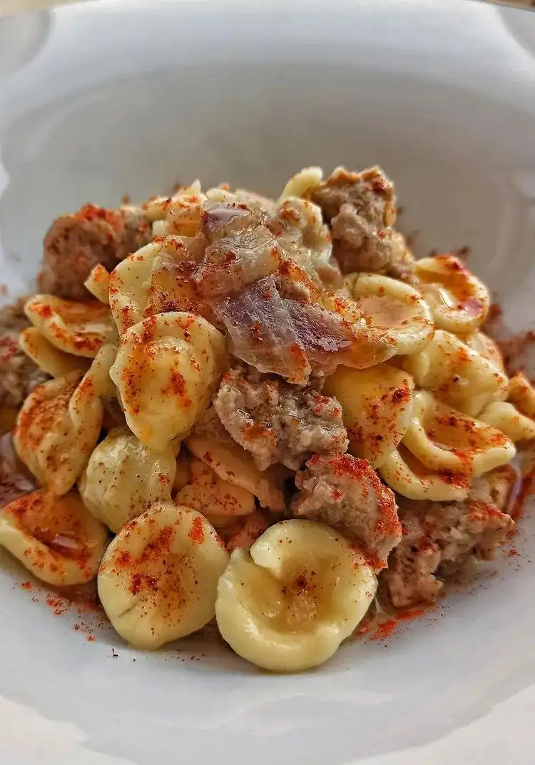 Orecchiette with onion, sausage, and crusco pepper