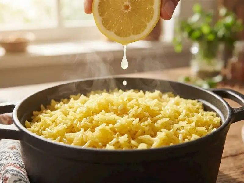 Why are a few drops of lemon juice added to the water when making rice pilaf?