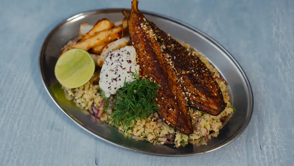 Bulgur bowl with sticky halloumi and spicy eggplant