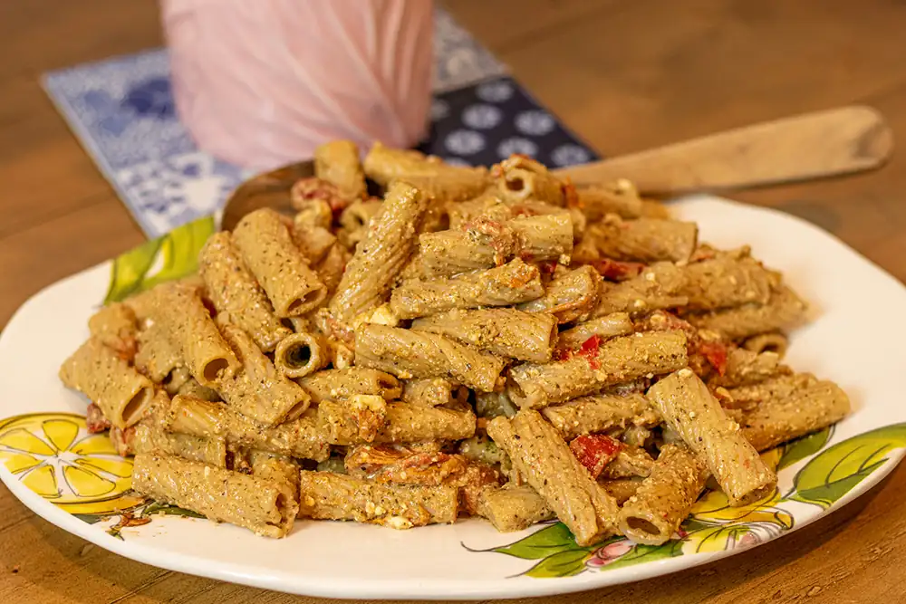 Pesto Pasta with Olives, Grape Tomatoes, and Feta
