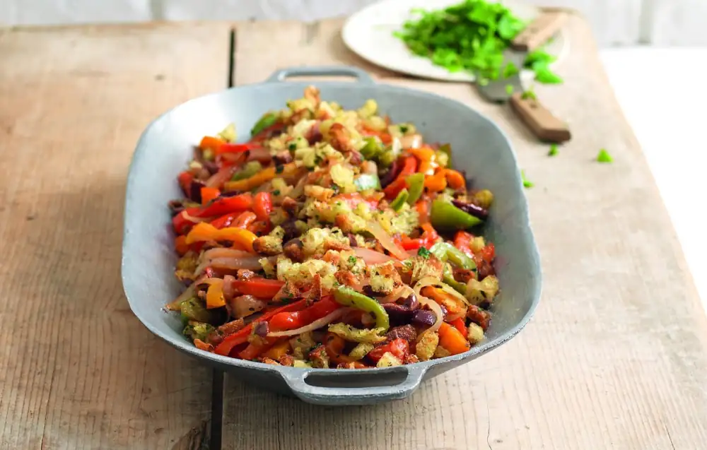 Trio of Peppers with Onion, Olives and Herbed Bread