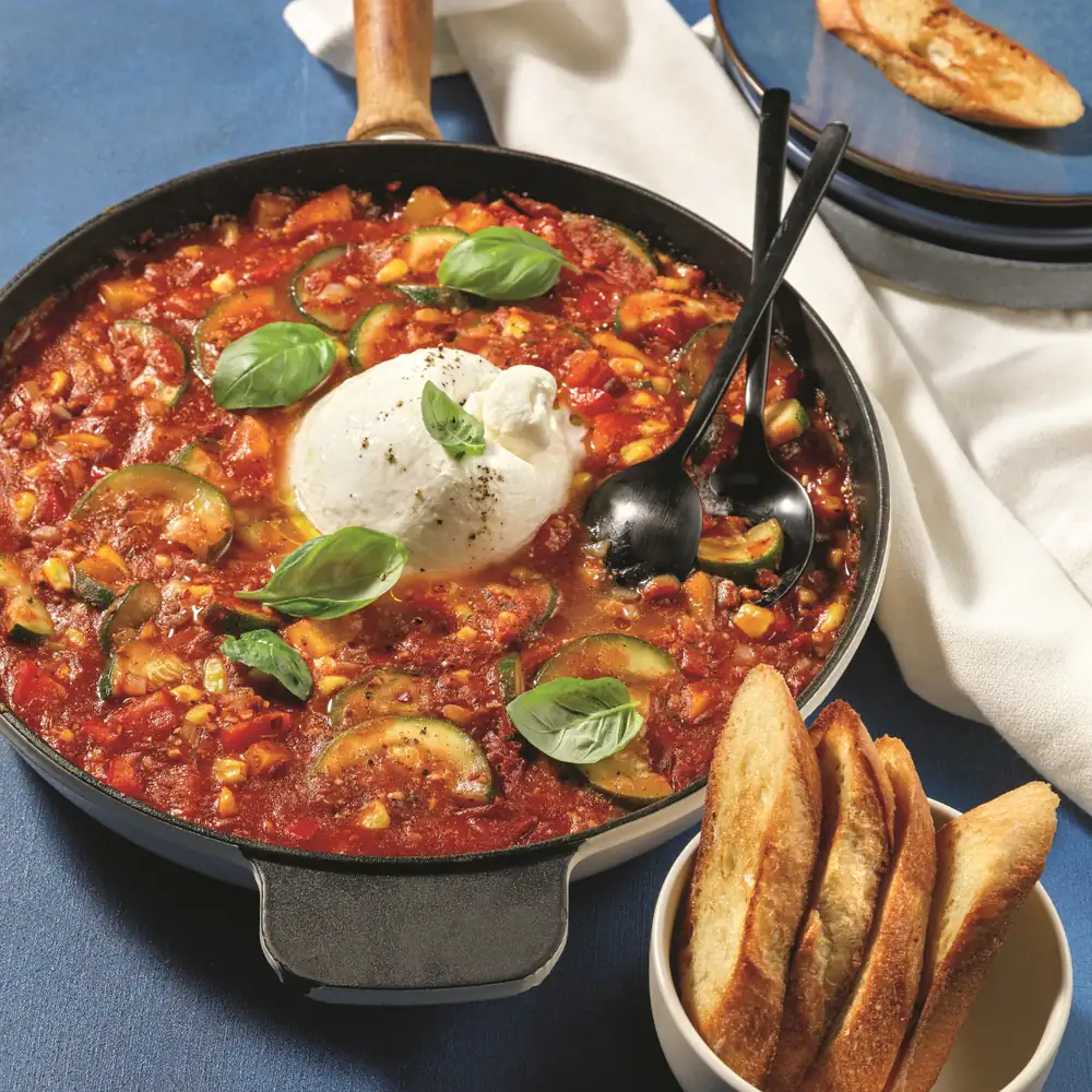Summer vegetable casserole with tofu and burrata sauce