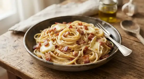 Cómo preparar espaguetis cremosos con beicon y queso en casa