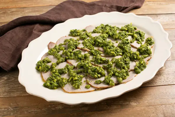 Chilled pork loin roast with zucchini sauce