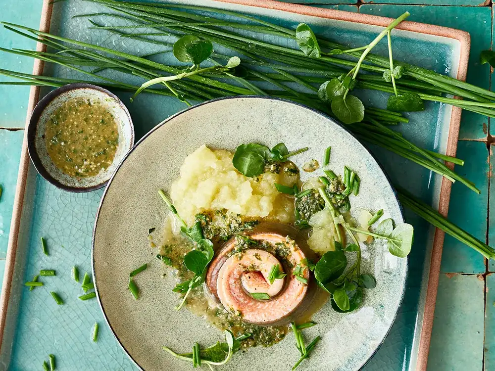 Smoked char fillet with apple and rosemary cream