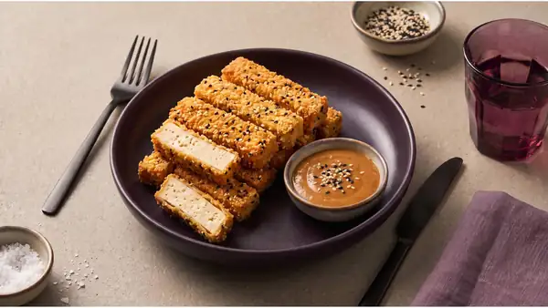 Golden brown and crispy: tofu with peanut sauce