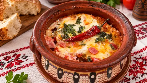 Casseroles with ham, tomatoes and cheese