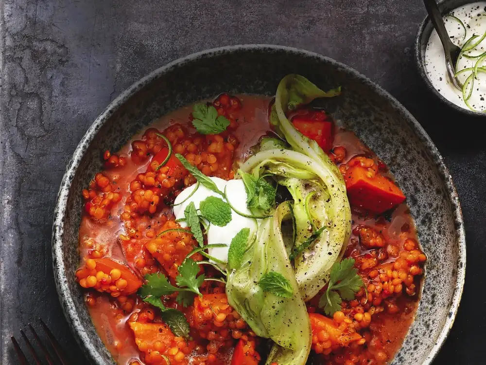 Red lentil and pumpkin curry with pointed cabbage