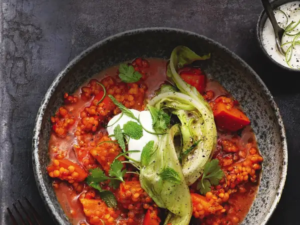 Red lentil and pumpkin curry with pointed cabbage