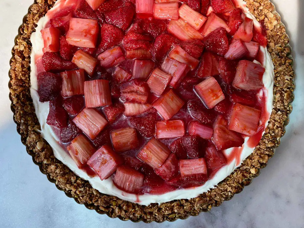 Roasted Strawberry-Rhubarb Tart With Mascarpone Cream