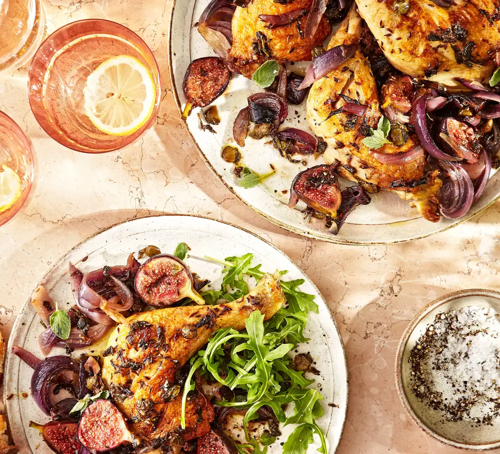 Roasted chicken legs with figs, capers, oregano & red wine vinegar