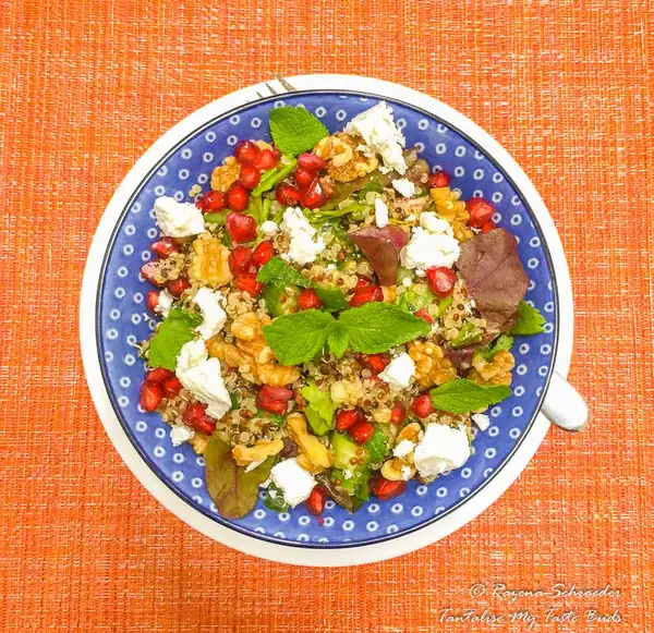 Tricolor Quinoa Salad With Pomegranate, Walnuts And Feta