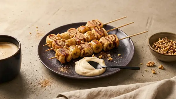 Fried cinnamon roll skewers with banana and vanilla cream