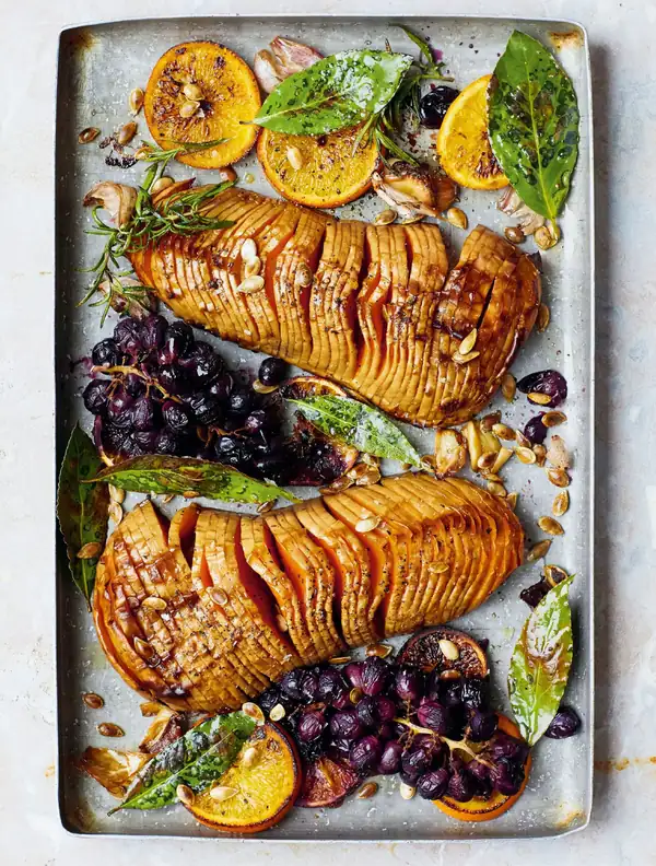 Melissa Hemsley's Hasselback Squash with Roasted Grapes and a Sprout and Blue Cheese Slaw
