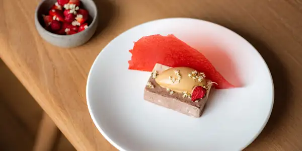 Burnt strawberry, elderflower and barley Neapolitan