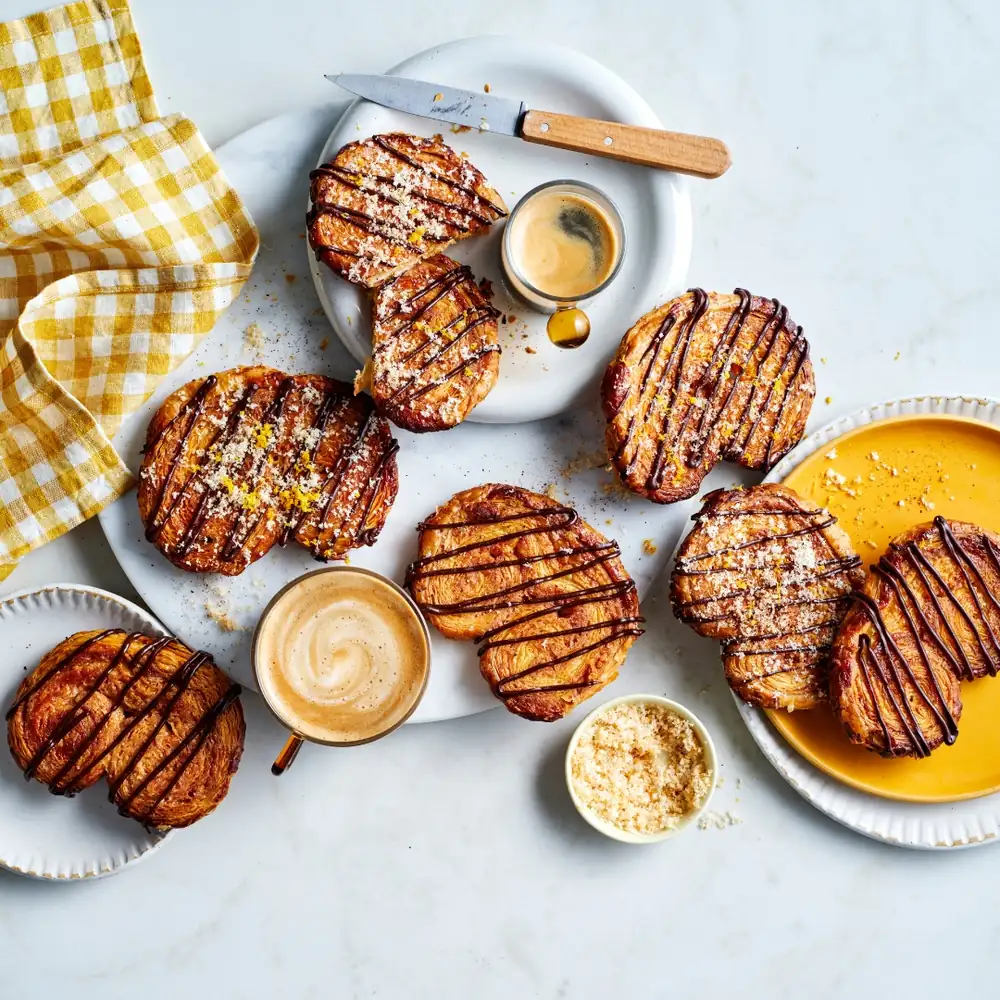 Cinnamon and orange palmiers with chocolate and coffee