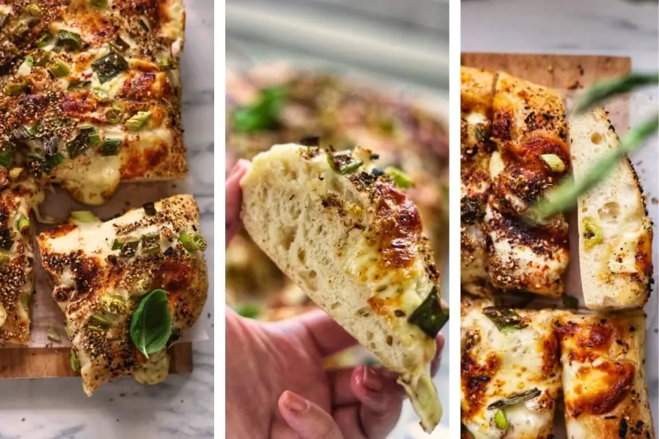 Focaccia de queso con cebolletas, za'atar y zumaque
