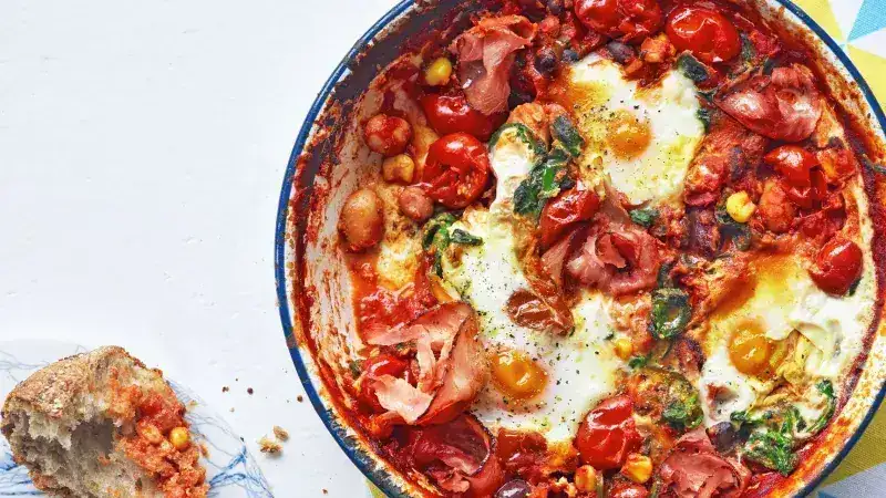 Baked eggs with beans and tomato sauce