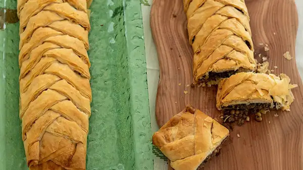 Greek Kreatopita Phyllo Braids (Meat Pie) Two Ways: Classic and Holiday Stuffing