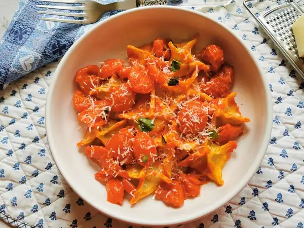 Fagottini Pasta with Eggplant and Mozzarella in a Cherry Tomato Sauce