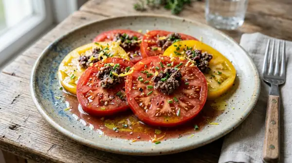Para realzar el sabor de los tomates, no basta con sazonarlos con sal y aceite de oliva; es mejor añadir una lata de anchoas, limón y aceitunas