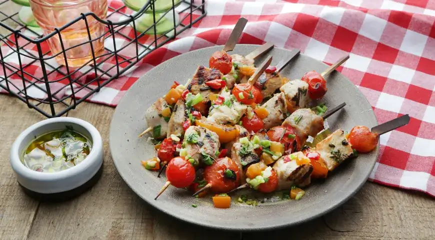 Seafood and cherry tomato skewers