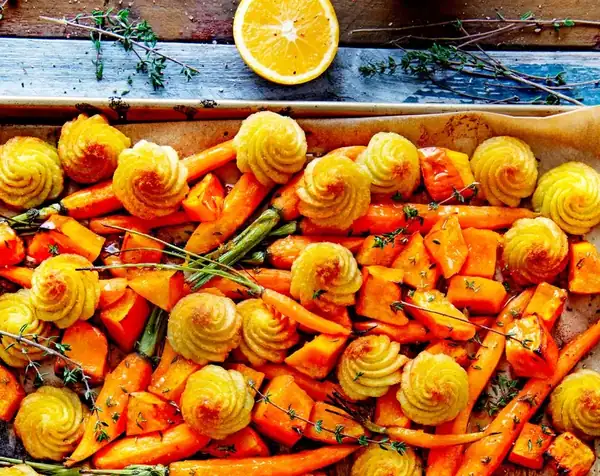 Traybake with duchesses and pumpkin
