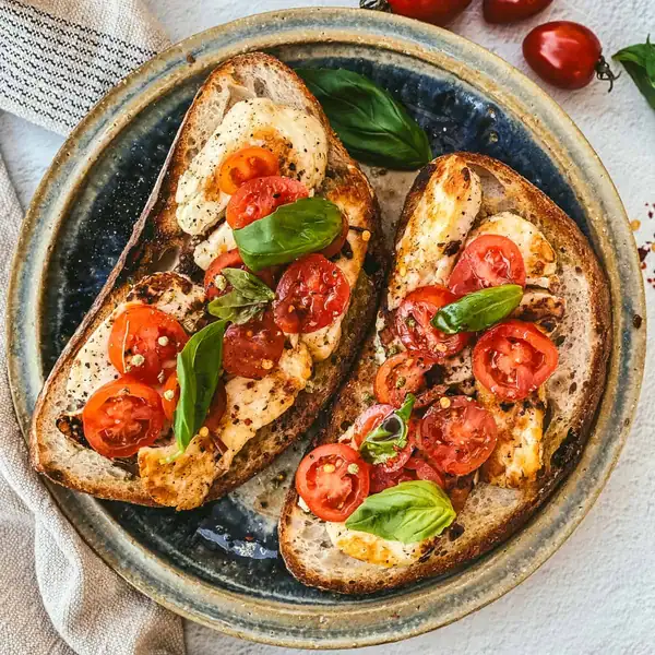 Tomato toast with fried halloumi,