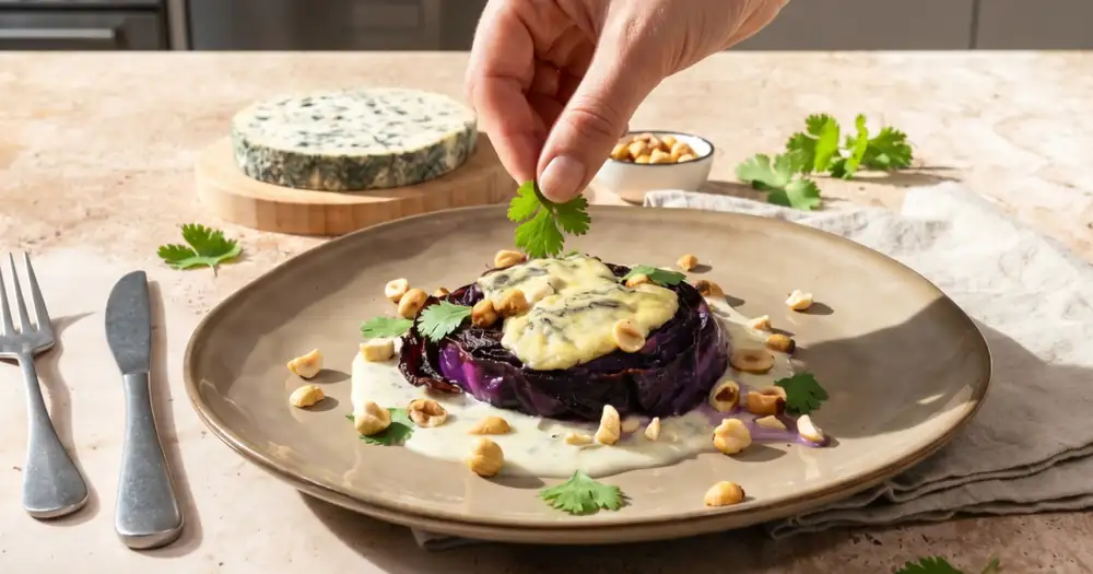 Recipe for Roasted Red Cabbage Steak with Fourme d'Ambert AOP Cheese and Toasted Hazelnuts