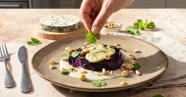 Recipe for Roasted Red Cabbage Steak with Fourme d'Ambert AOP Cheese and Toasted Hazelnuts