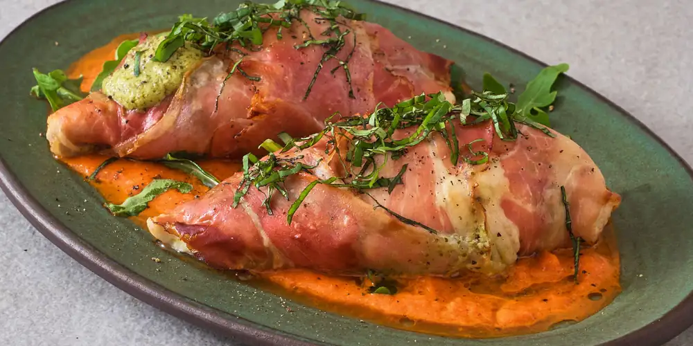 Pesto-Stuffed Chicken With Red Pepper Purée Recipe