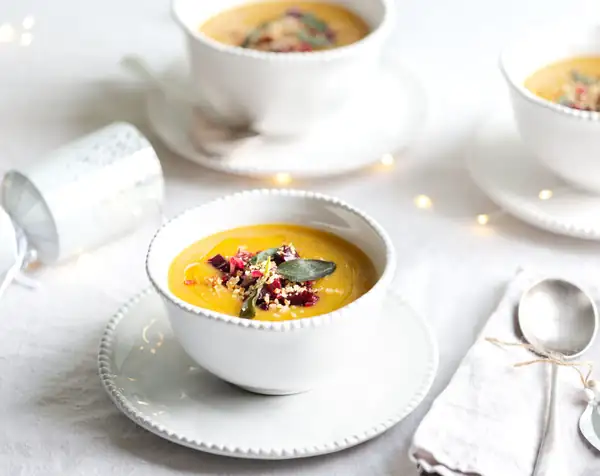 Butternut Squash Soup, Beetroot Tarka, Crispy Sage and Cinnamon Crumble