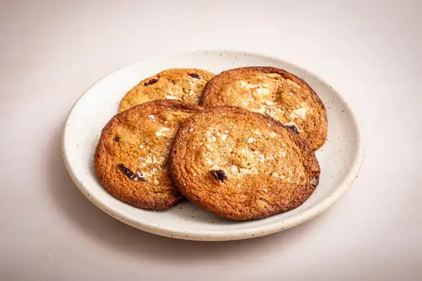 White chocolate, cranberry and miso oat cookies