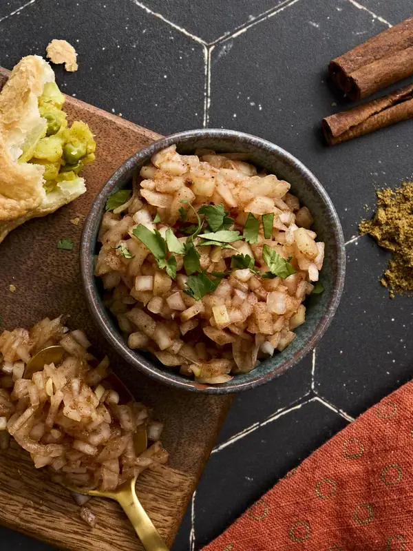 Pair this onion chutney with samosas, curry, or to liven up leftovers!