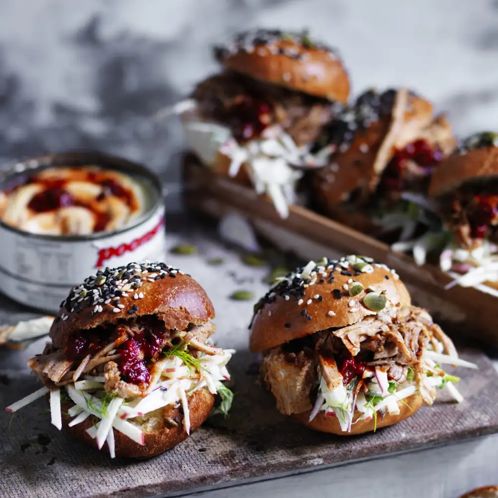 Pulled pork sliders with apple slaw chipotle mayo