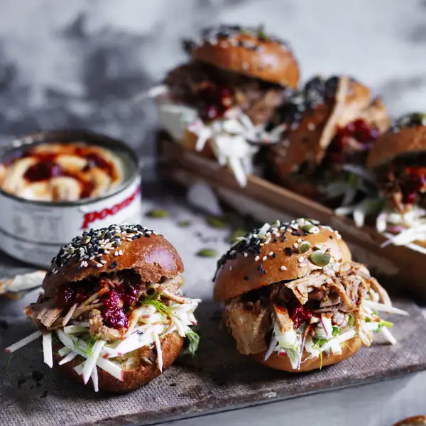 Pulled pork sliders with apple slaw chipotle mayo