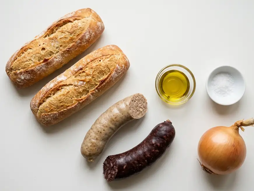 Catalan black and white sandwich, with white and black sausage and onion