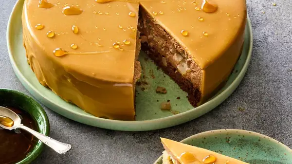 Pear mousse cake with caramel glaze