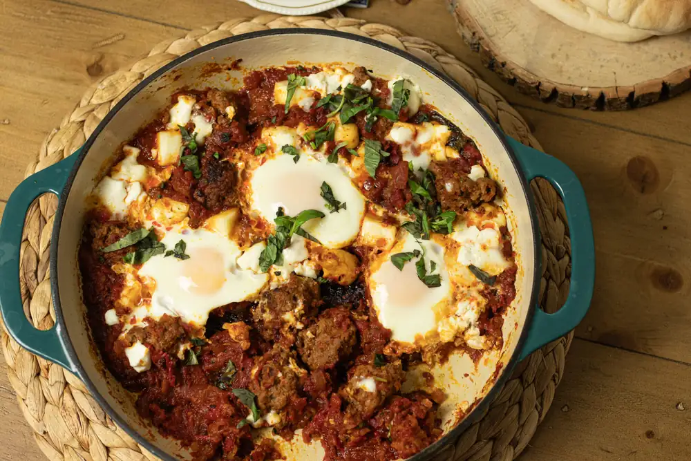 High Protein Shakshuka with Roasted Red Pepper Sauce