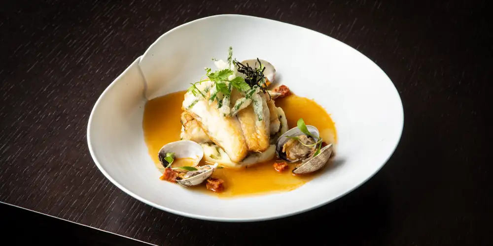 Pan-Fried Sea Bass, Chorizo, Miso And Doenjang Clam Sauce Recipe