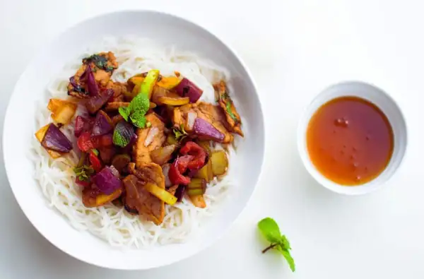 Pork Tenderloin with Noodles, Red Curry & Mint