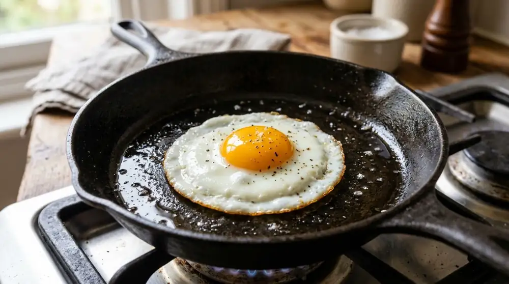 Why is it recommended to put vinegar in the pan when frying eggs, and what is its purpose?