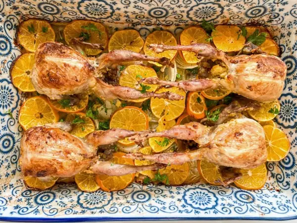 Roasted Quails with Moroccan Couscous Stuffing & Apricot Sauce