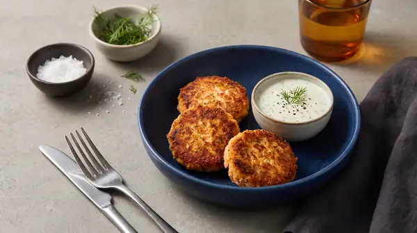 Succulent salmon cakes with creamy dill sauce