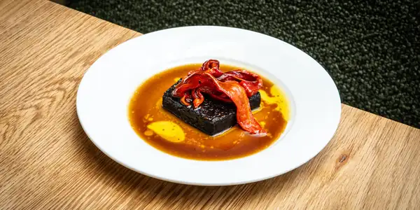 Blood Pudding with Grilled Peppers and Apple and Lardo Sauce Recipe