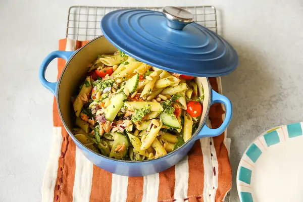 Pasta salad with hot-smoked salmon and pesto