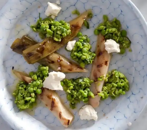Slow Cooked Leeks Salad with Crushed Peas, Feta & Mint