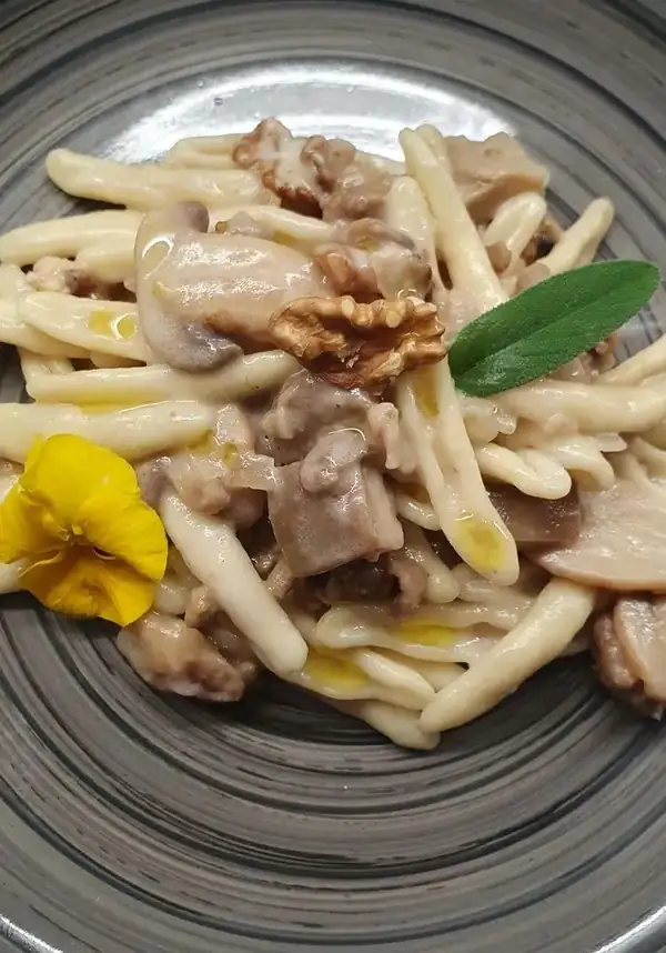 Cavatoni with sausage, mushrooms and walnuts