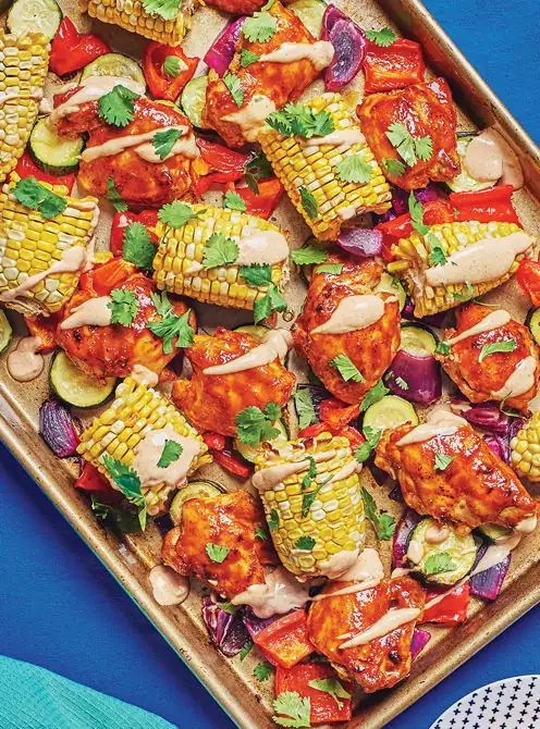 Quick marinated chicken and oven-baked vegetables